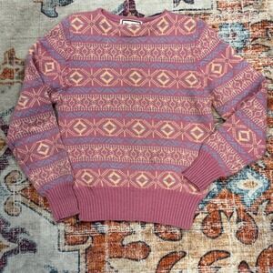 Merona Sport Pink Blue Yellow Geometric Fair Isle Wool Sweater Women's Medium